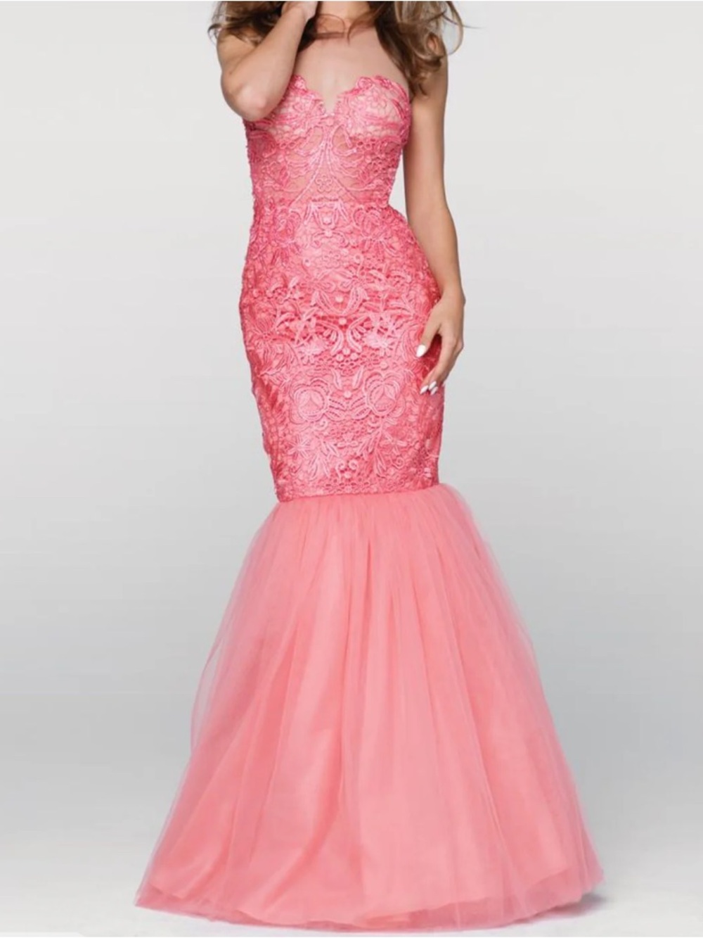 Tarik Ediz Pink Strapless Lace Mermaid Prom Dress